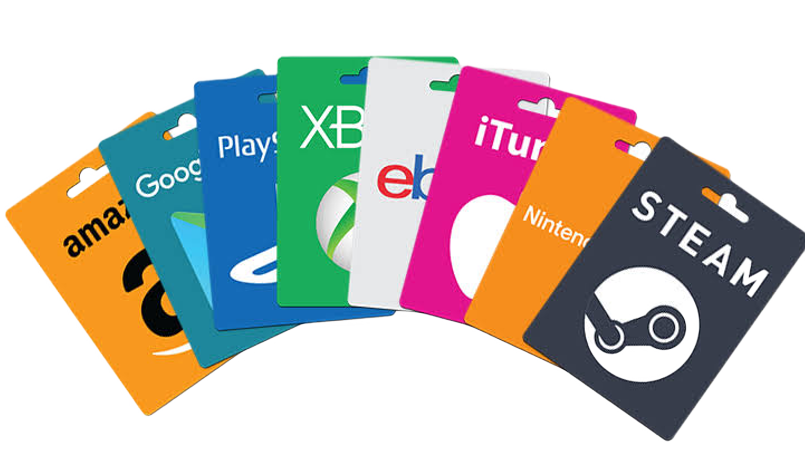 Amazon, Google Play, PlayStation, Xbox, eBay, iTunes, Nintendo, and Steam gift cards